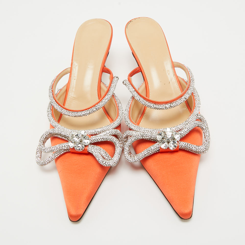Mach & Mach Orange Satin Crystal Embellished Double Bow Mules Size 40