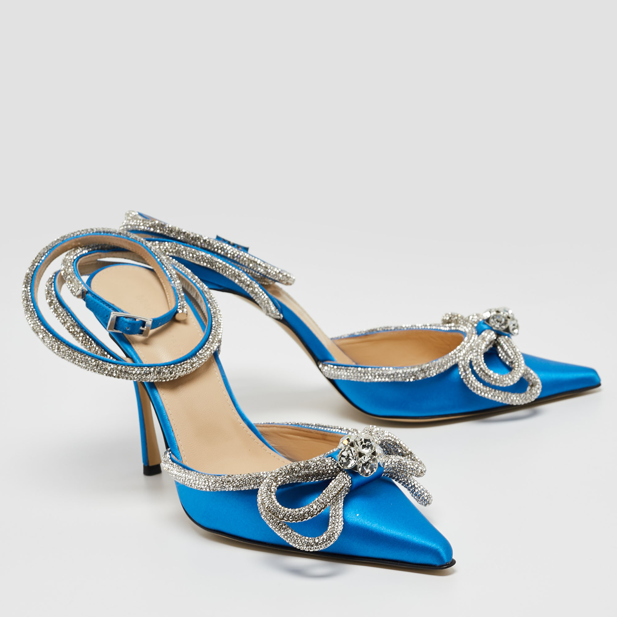 Mach & Mach Blue Satin Crystal Embellished Ankle Wrap Pointed Toe Pumps Size 39.5