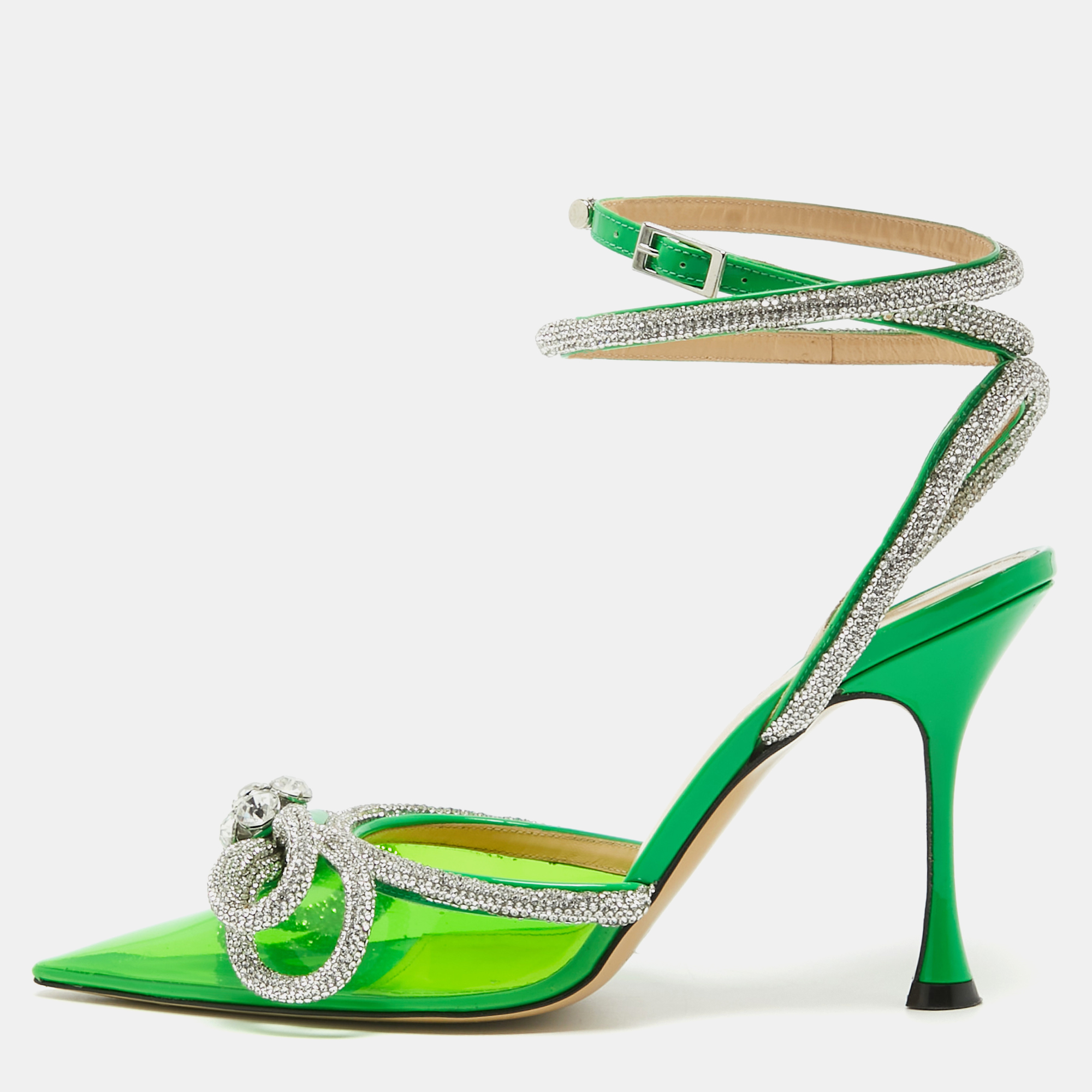 Mach & mach green pvc crystal embellished double bow ankle strap pumps size 37