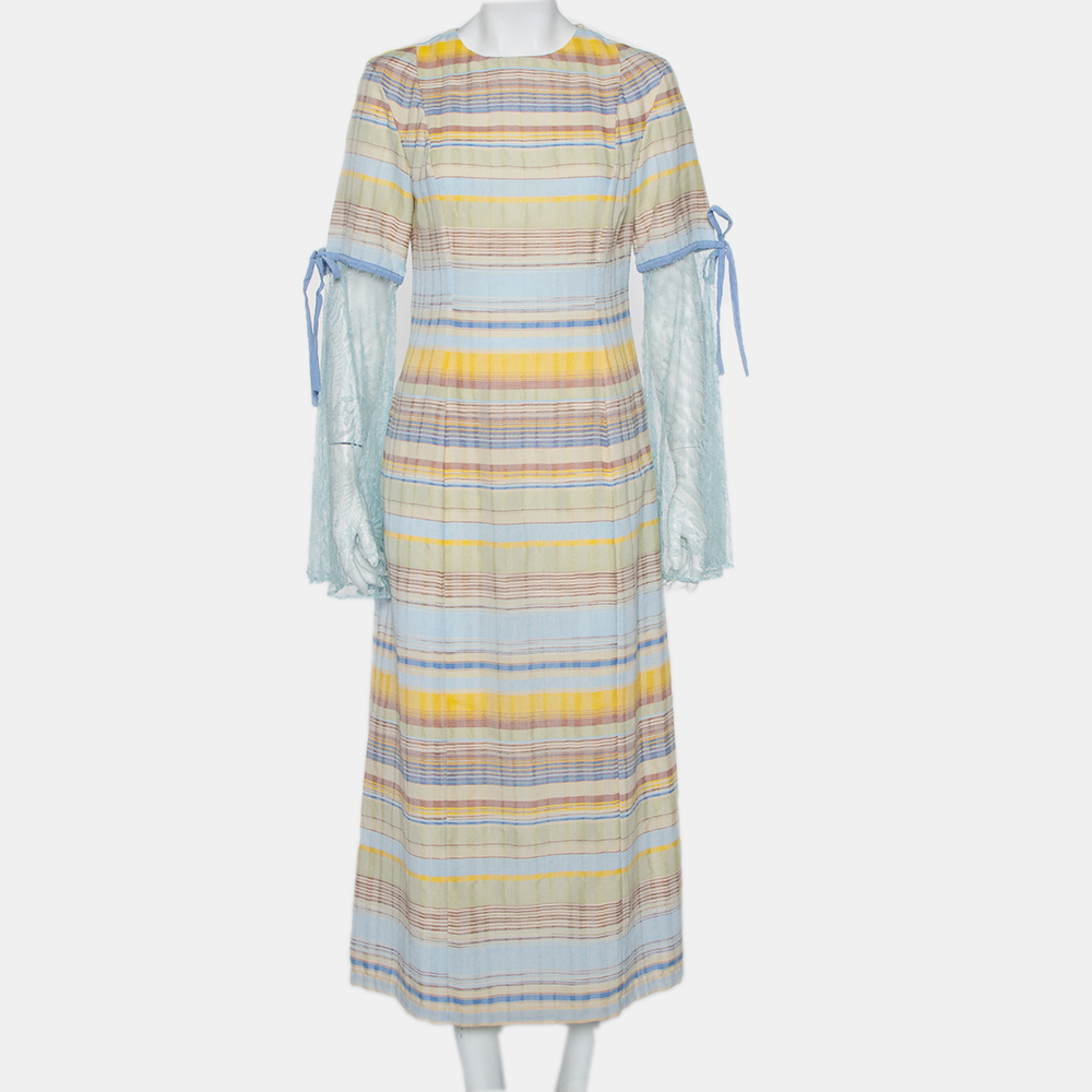 Madiyah al sharqi multicolor striped textured cotton lace trim detail maxi dress m