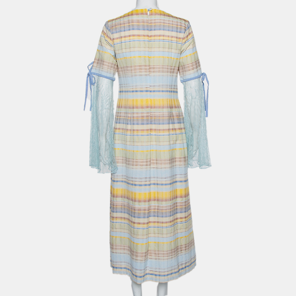 Madiyah Al Sharqi Multicolor Striped Textured Cotton Lace Trim Detail Maxi Dress M