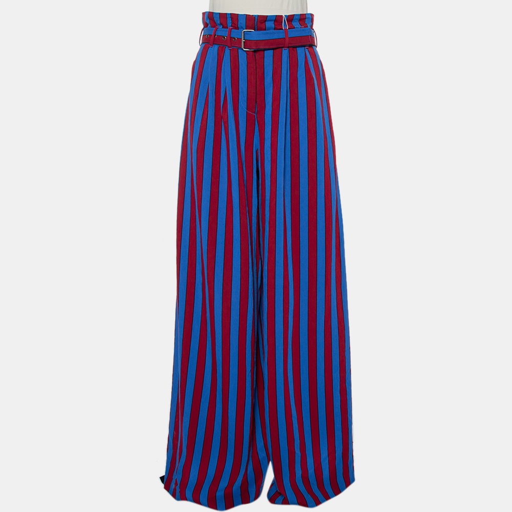 Maison martin margiela red & blue striped synthetic belted palazzo pants m