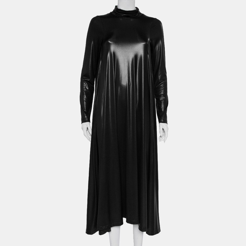 Black Metallic Knit Turtleneck Flared Maxi Dress