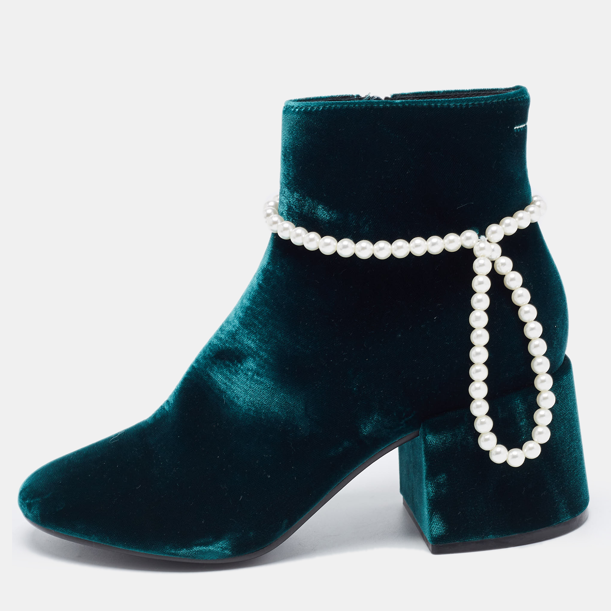 Maison Martin Margiela Green Velvet Embellished Ankle Boots Size 39