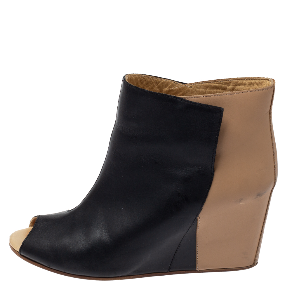 Maison Martin Margiela Black/Beige Leather Peep Toe Ankle Boots Size 39