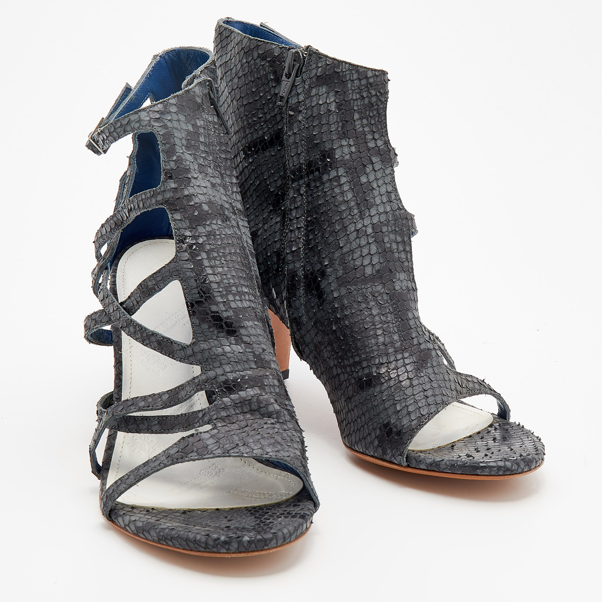 Maison Martin Margiela Grey/Black Python Embossed Leather Strappy Open Toe Booties Size 40