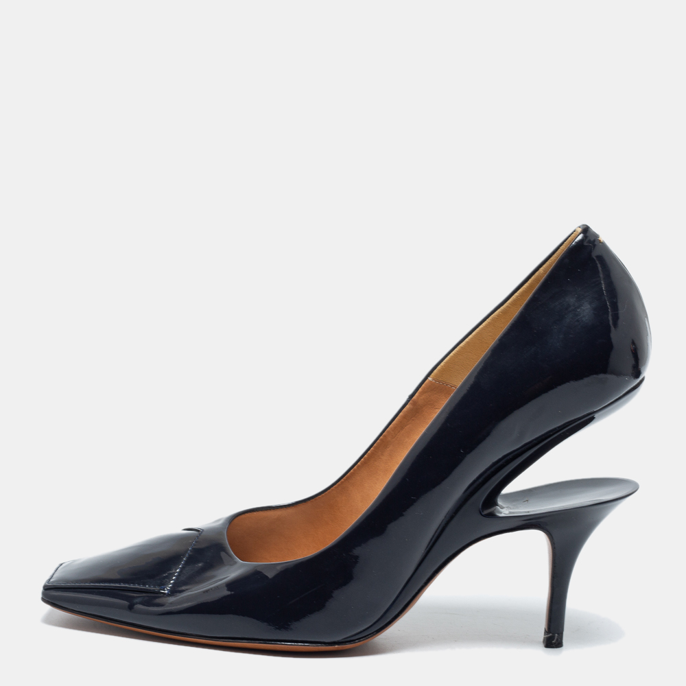 Dark Blue Patent Leather Cut Out Heel Pumps