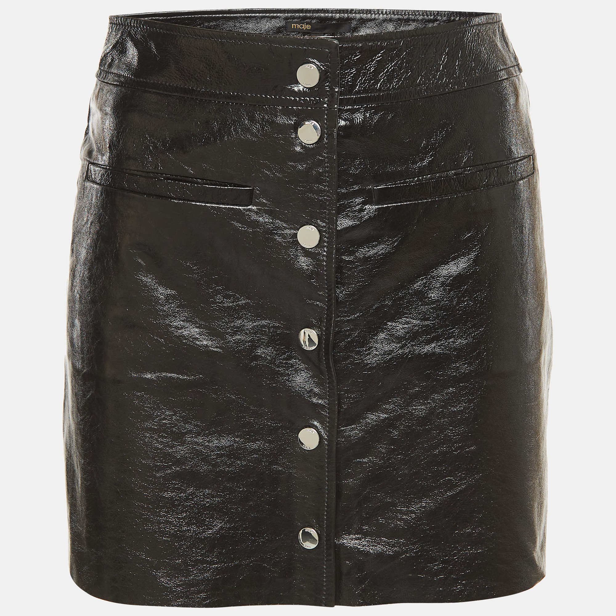 Maje Black Crinkled Faux Leather Buttoned Mini Skirt S