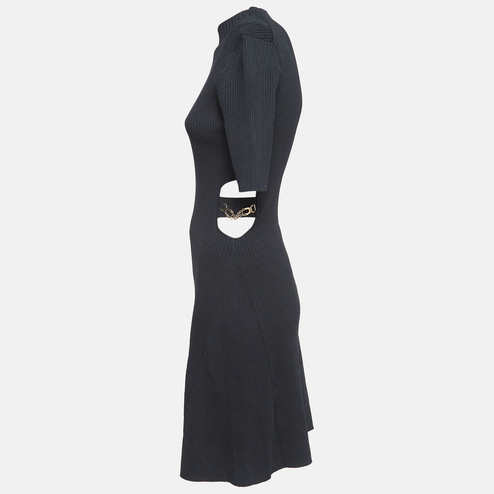 Maje Black Rib Knit Cut-Out Detail Midi Dress L