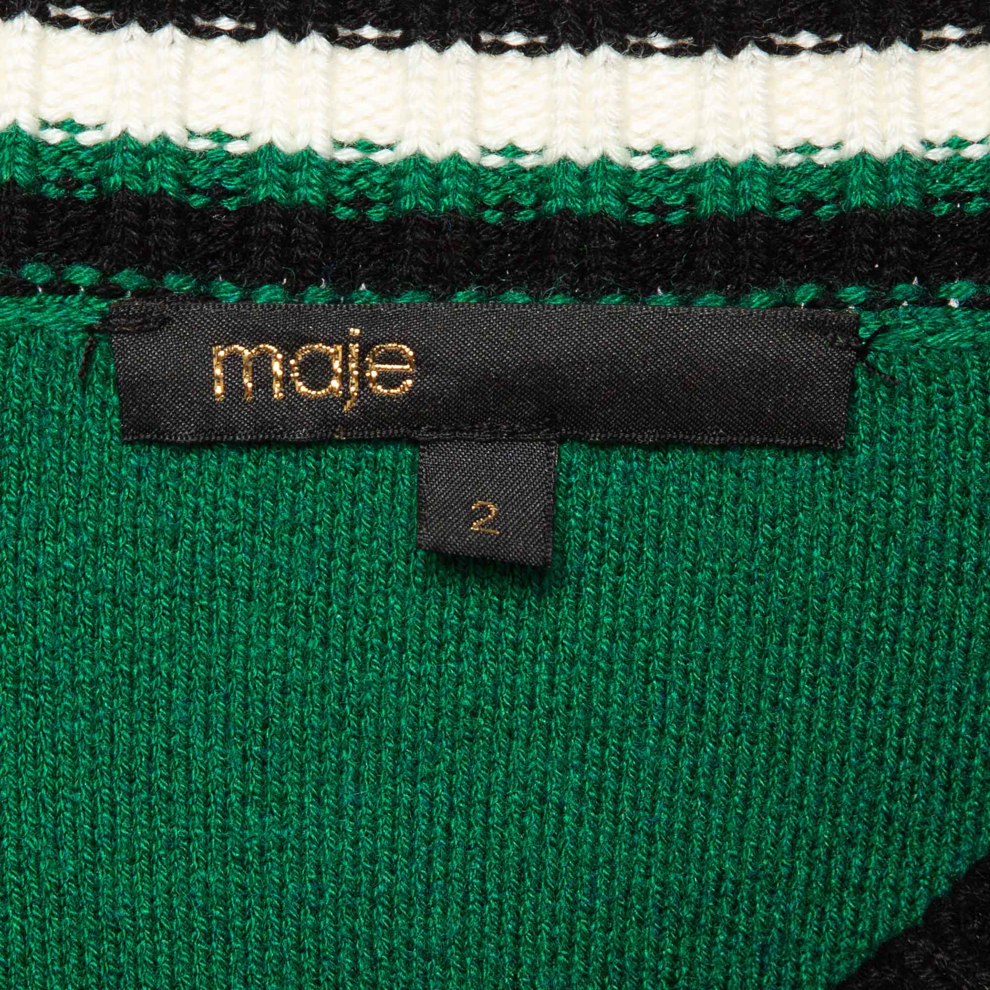 Maje Green/Black Embellished Knit Button Fornt Bomber Jacket M