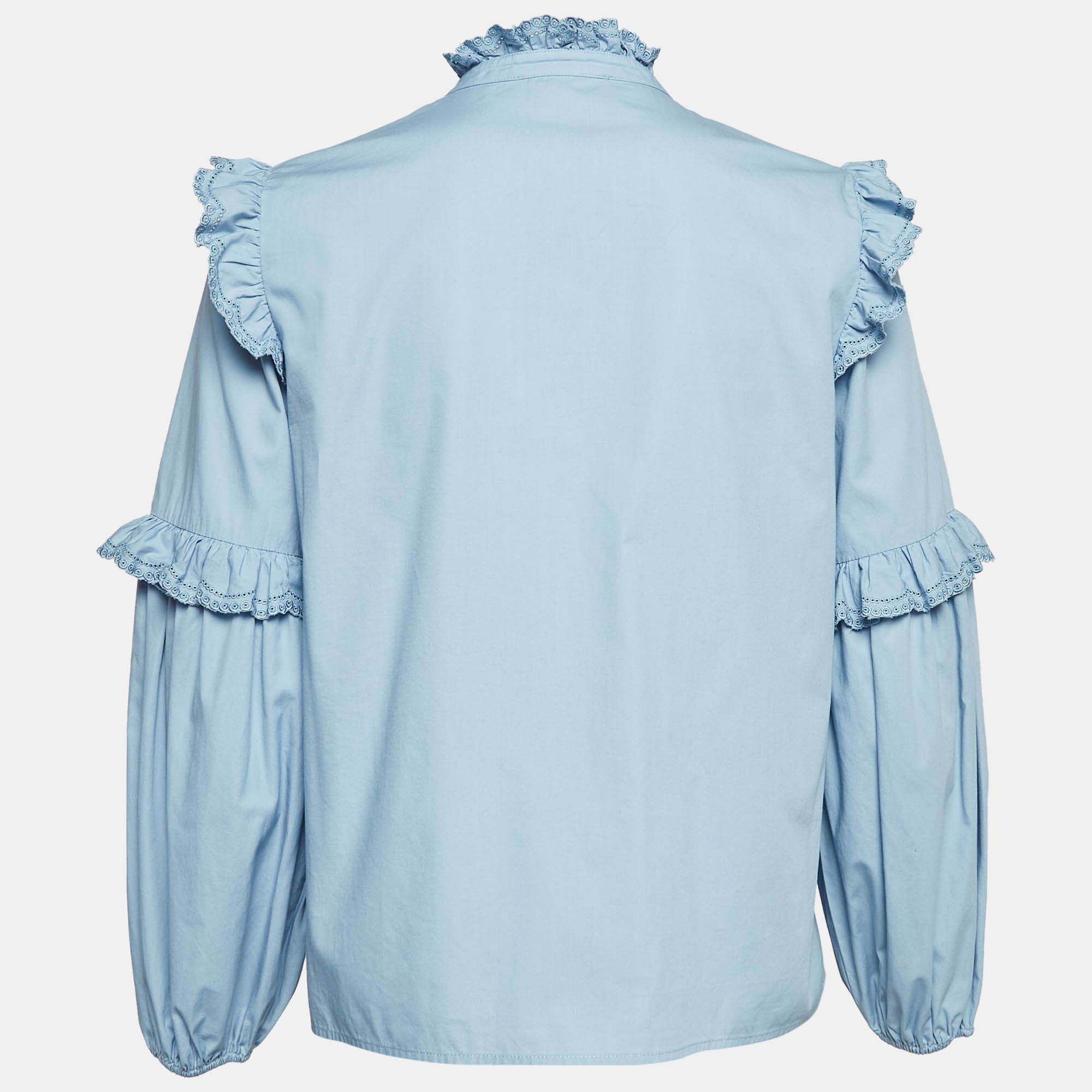 Maje Blue Cotton Lace Ruffle Detail Shirt M