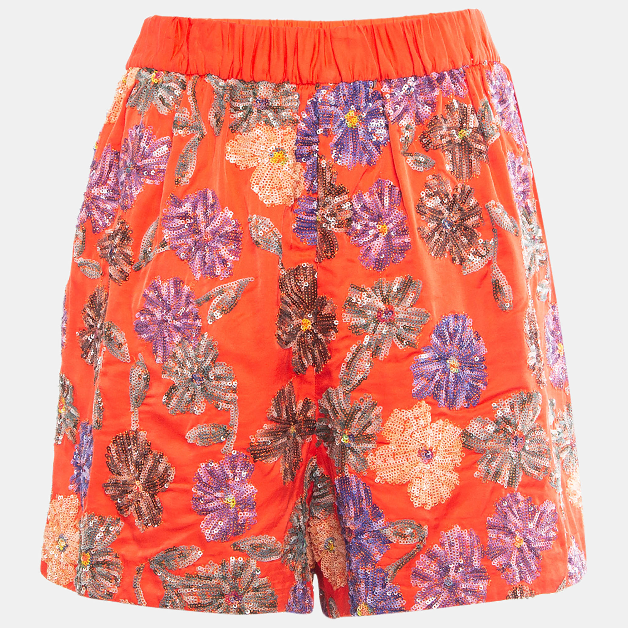 Maje Orange Floral Sequin Embroidered Crepe Izul Shorts L