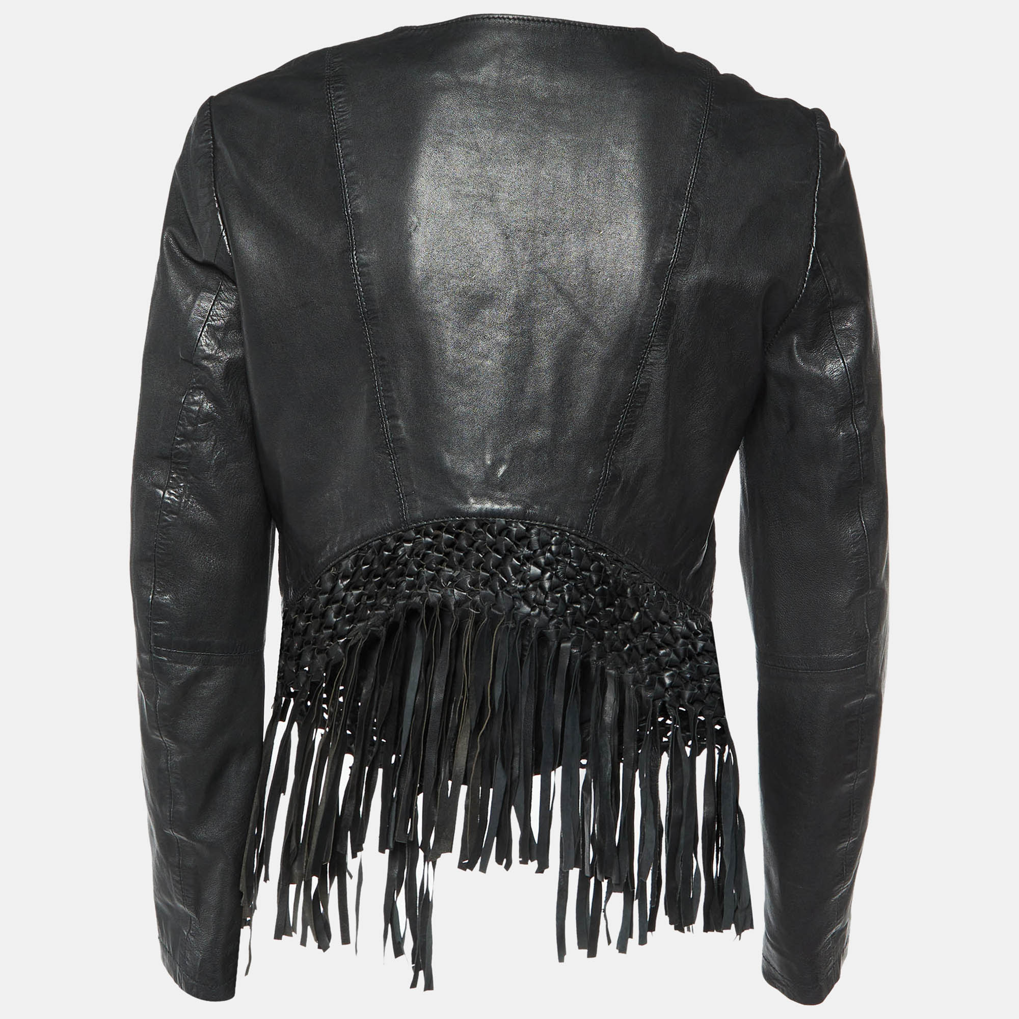 Maje Black Leather Zip-Up Fringed Hem Detail Jacket M