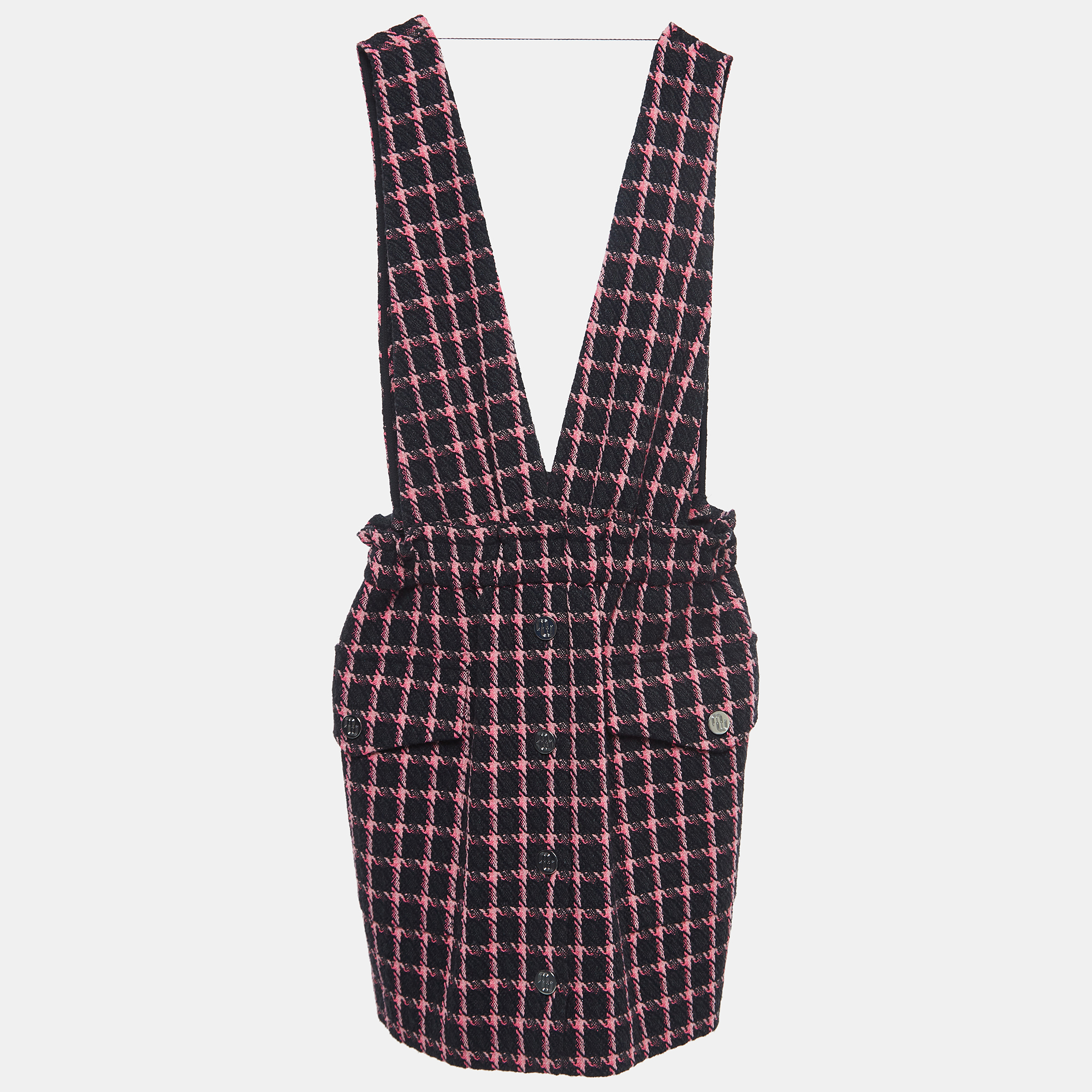 

Maje Black/Pink Checked Tweed Plunge V-Neck Mini Dress