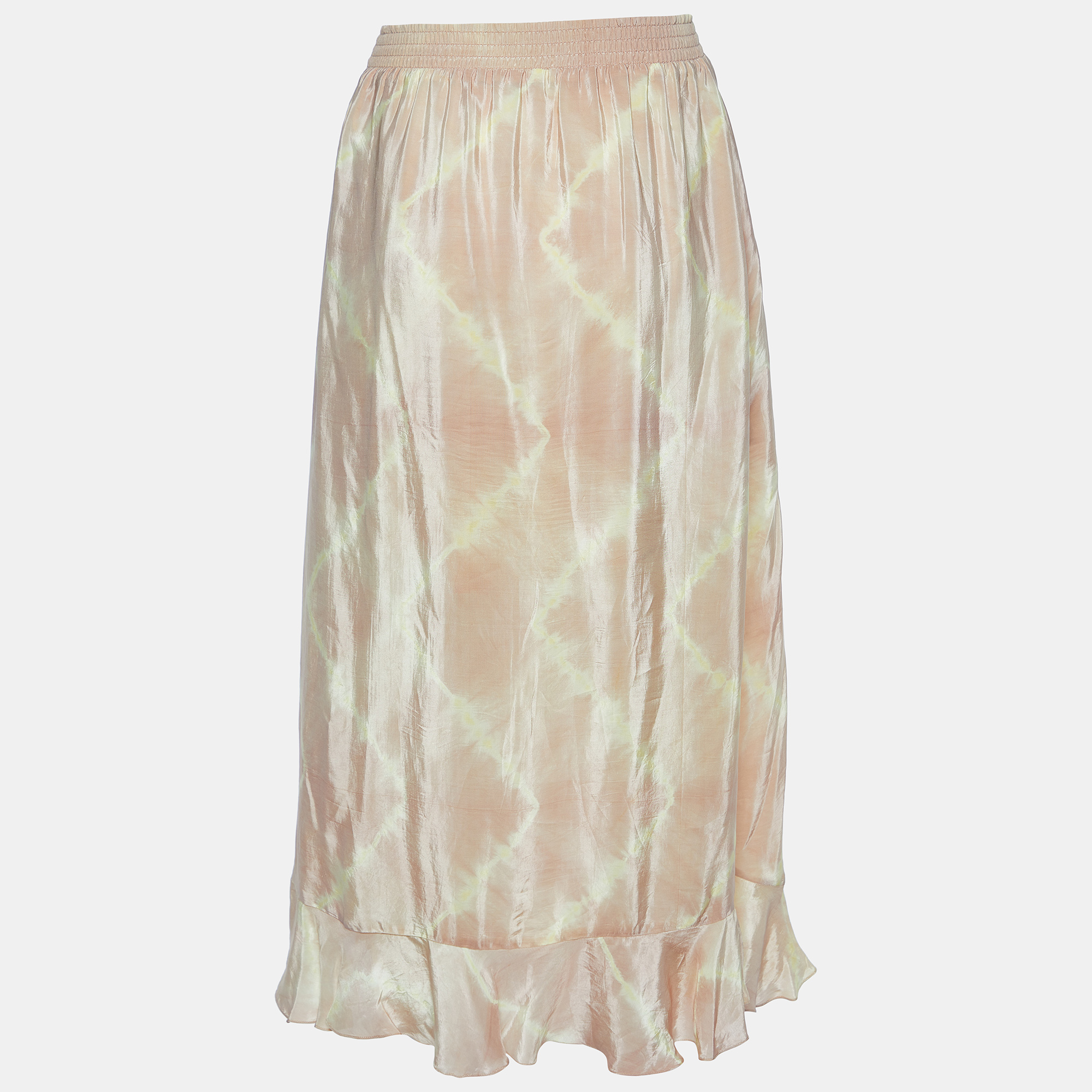 Maje Beige Tie Dye Satin Jitye Ruffled Midi Skirt S