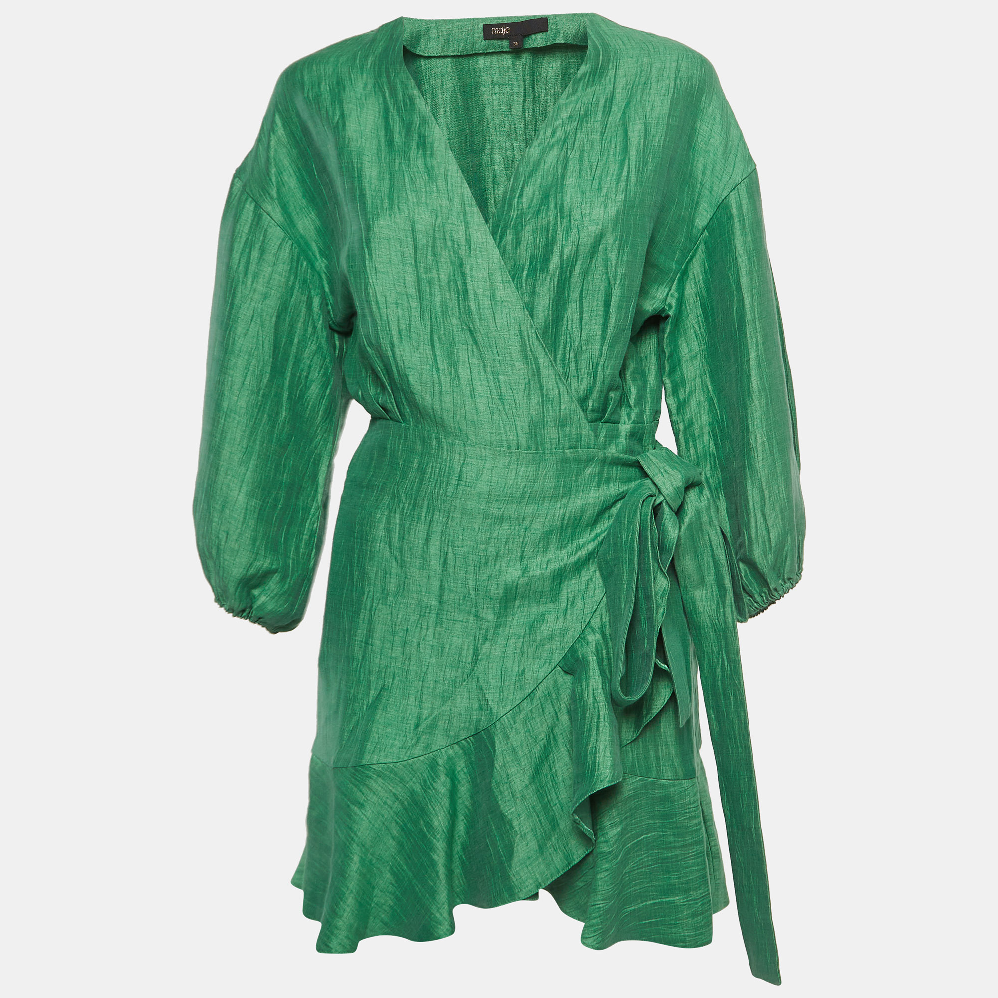 

Maje Green Linen Ruffled Mini Wrap Dress