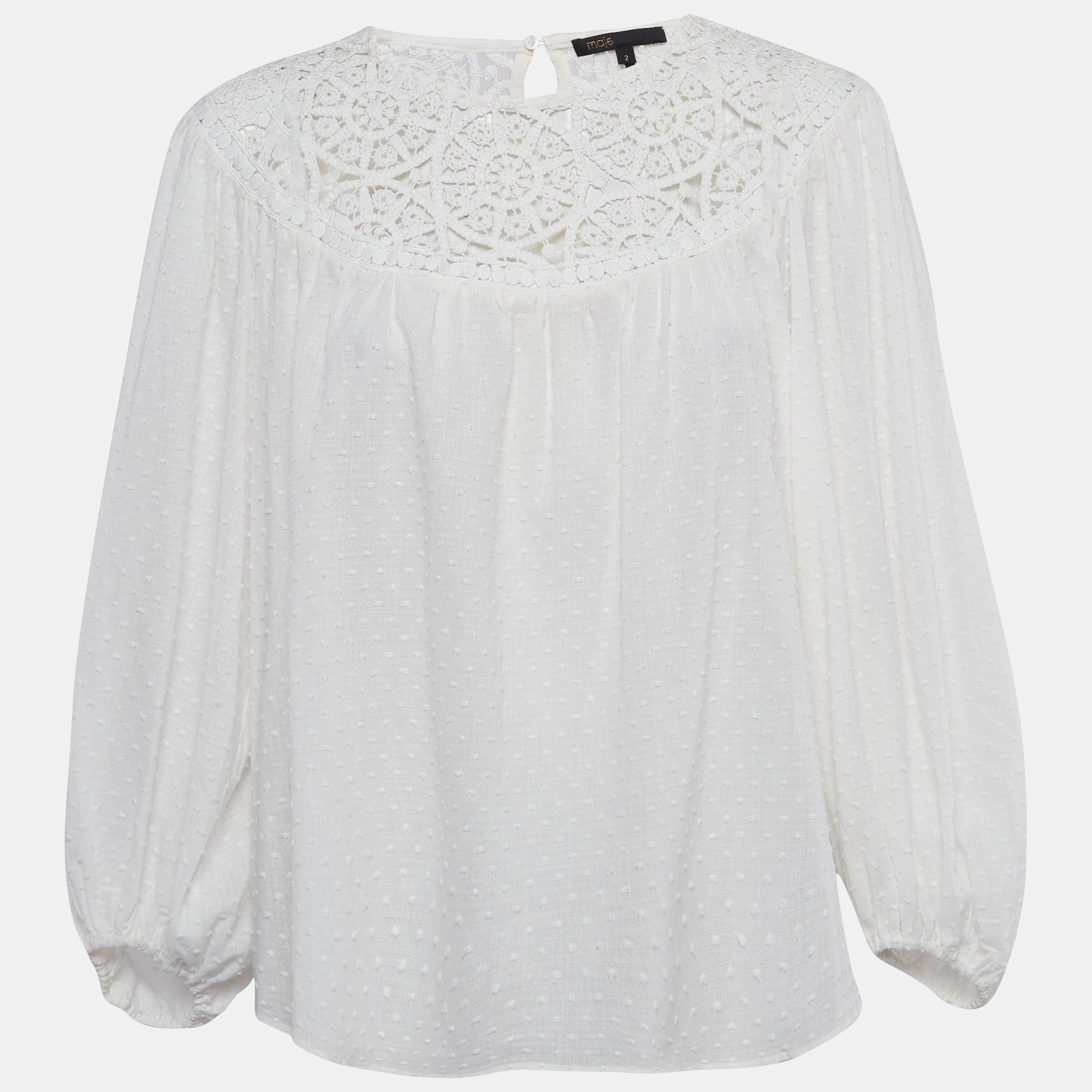 Maje white textured cotton crochet yoke detail blouse m