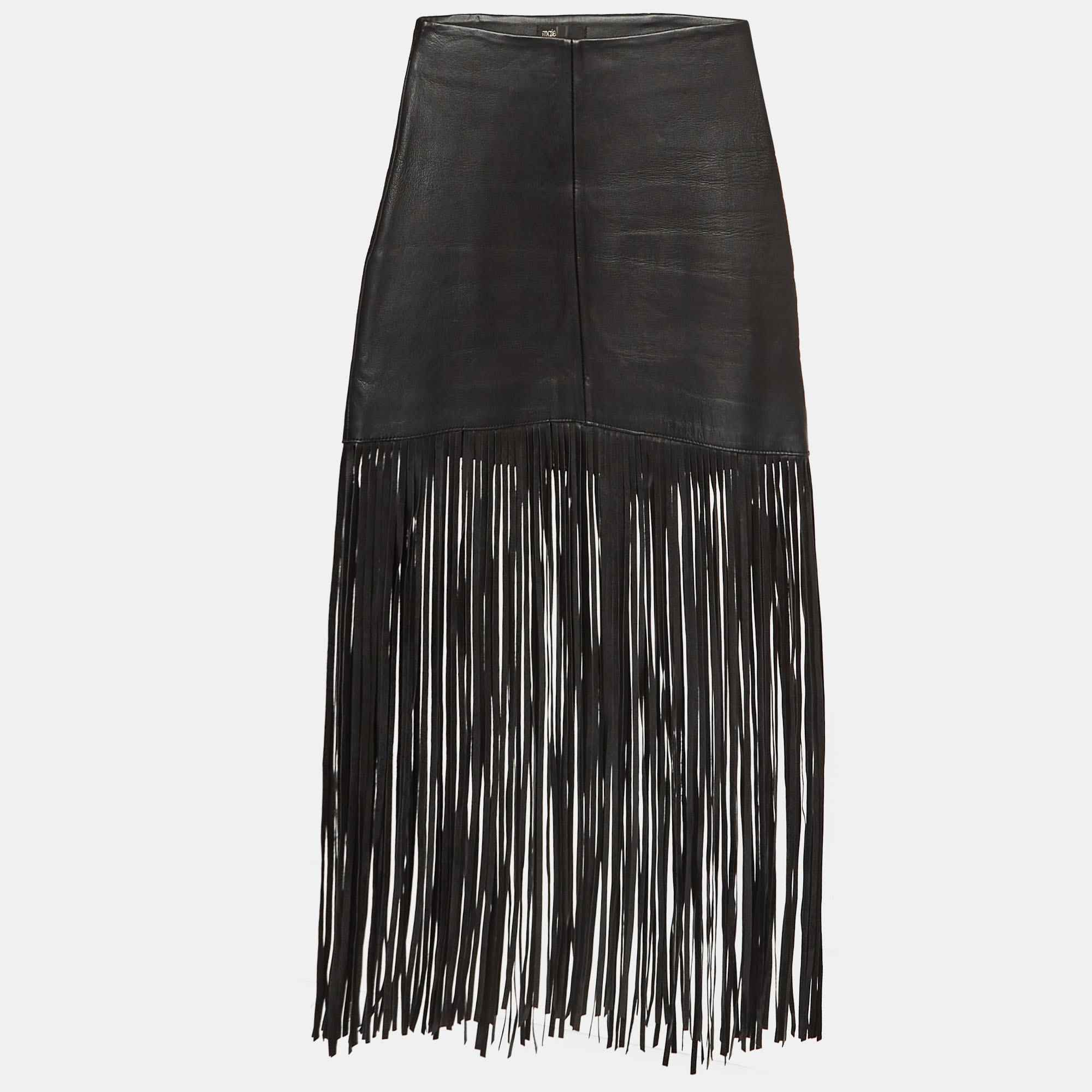 Maje black leather fringed short skirt m