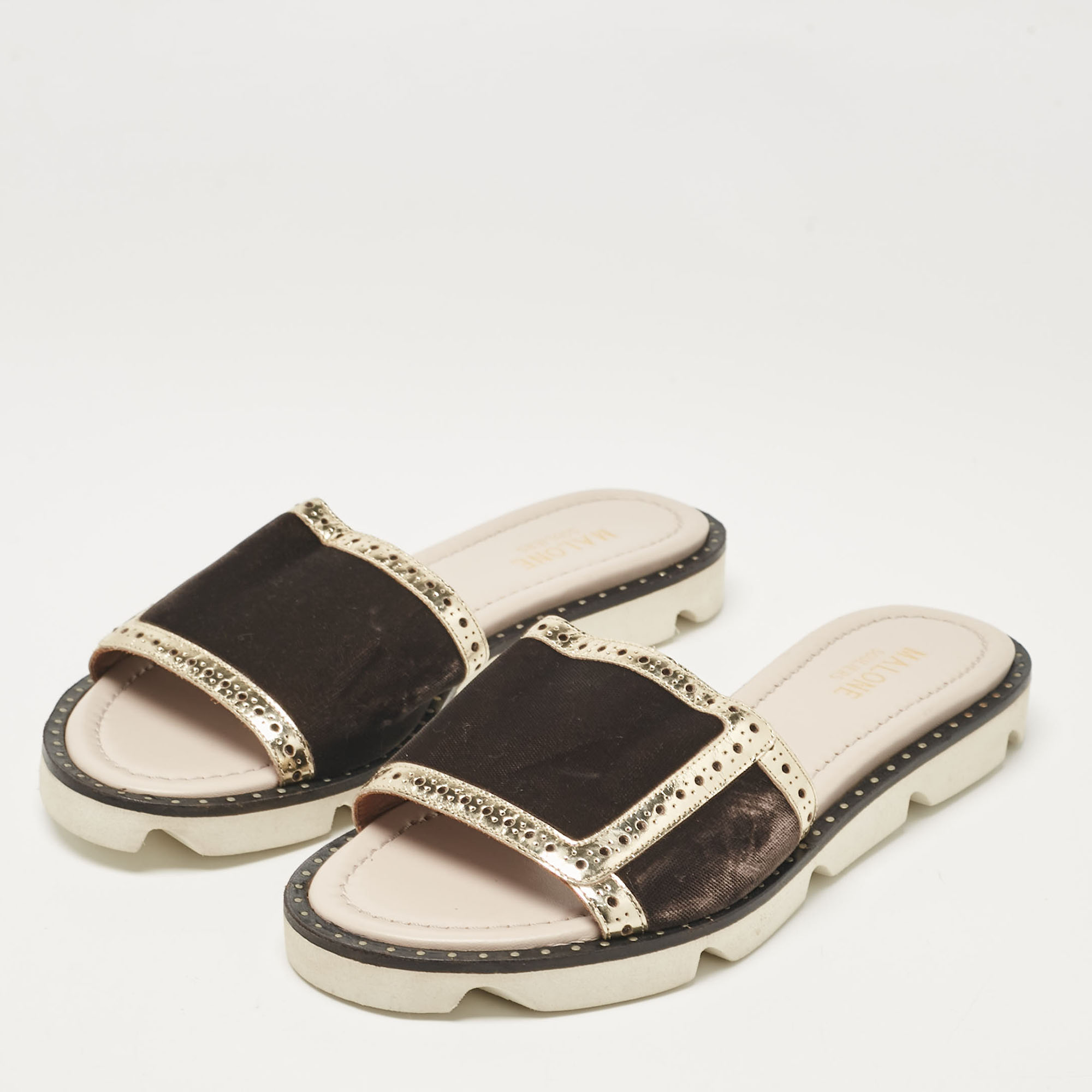 Malone Souliers Brown/Gold Velvet And Leather Slides Size 36.5