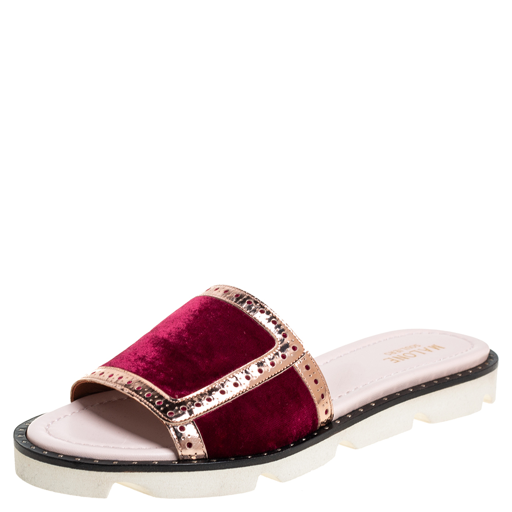 Malone Souliers Burgundy Velvet And Leather Slide Sandals Size 36.5