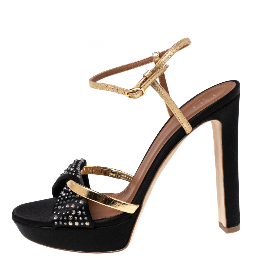 Malone Souliers Gold/Black Leather and Crystal Embellished Satin Lauren Platform Sandals Size 39