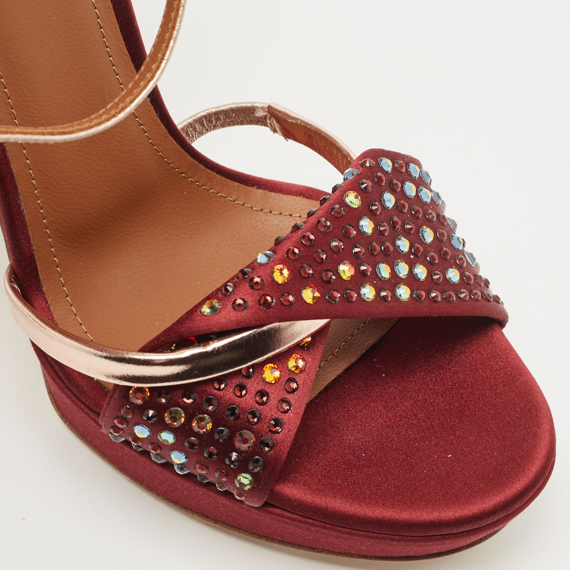 Malone Souliers Burgundy Satin Embellished Platform Sandals Size 37.5