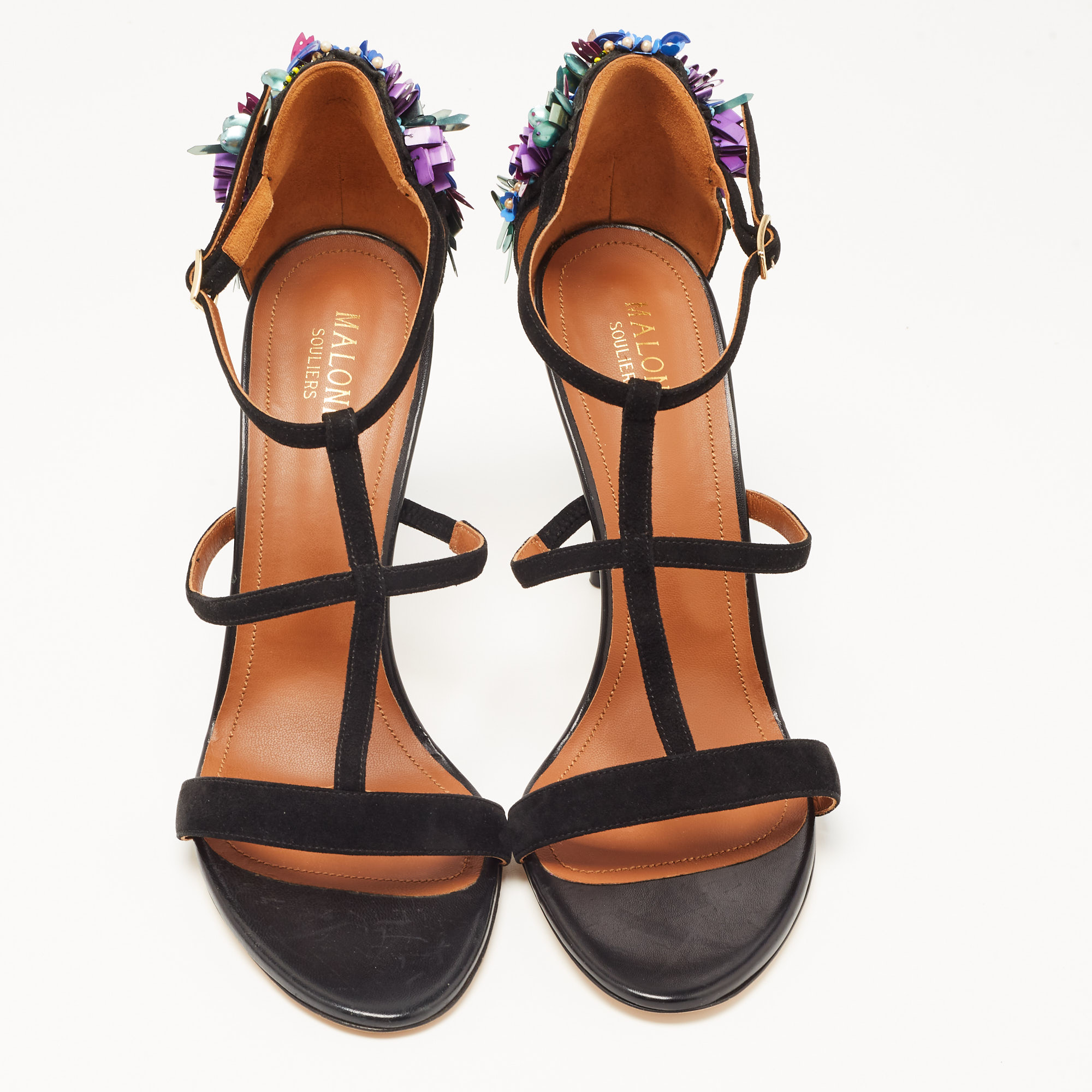 Malone Souliers Black Suede Floral Embellished Ankle Strap Sandals Size 41