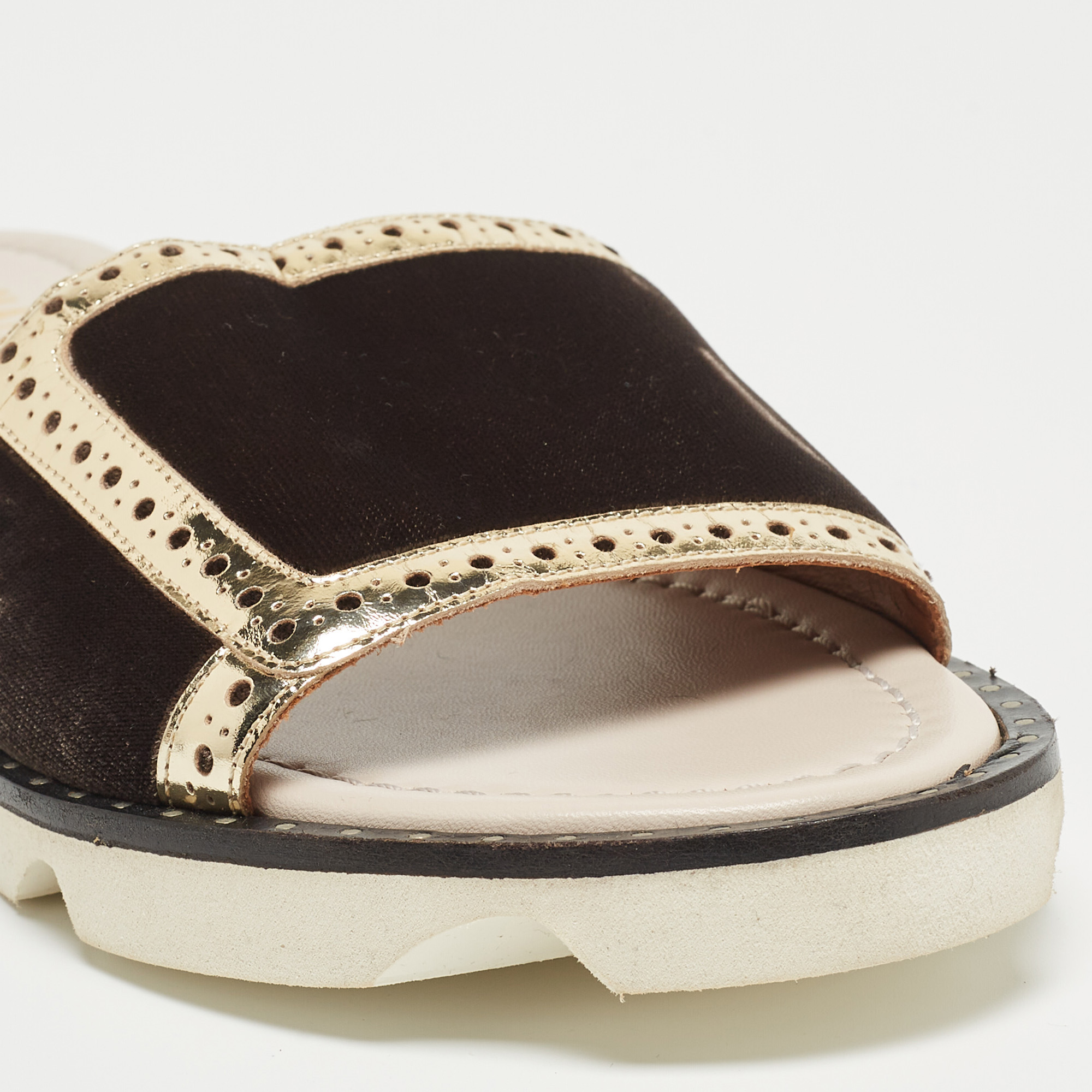 Malone Souliers Brown/Gold Velvet And Leather Slides Size 36.5
