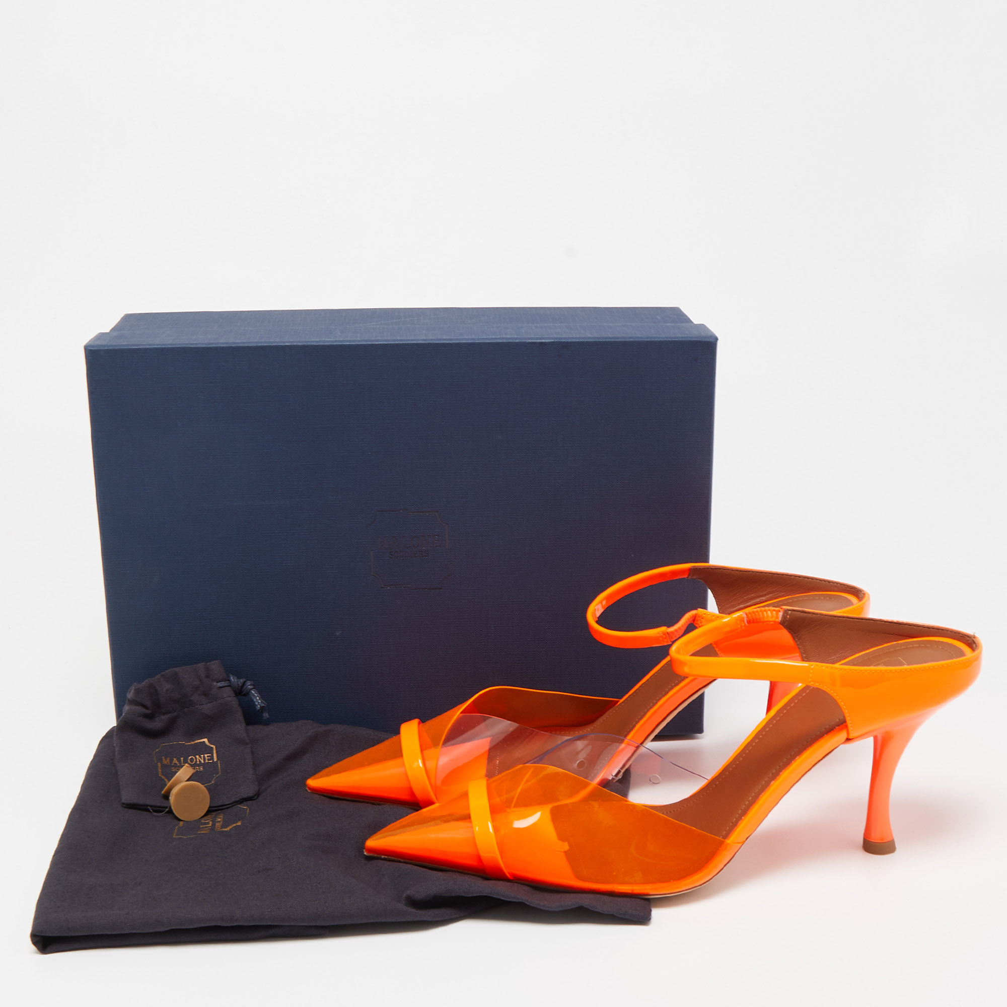 Malone Souliers Neon Orange PVC And Patent Leather Lona Mules Size 39.5