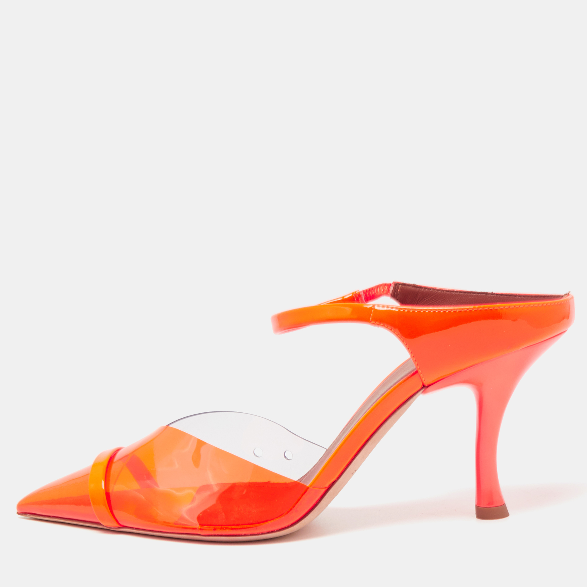 

Malone Souliers Neon Orange PVC and Patent Leather Lona Mules Size