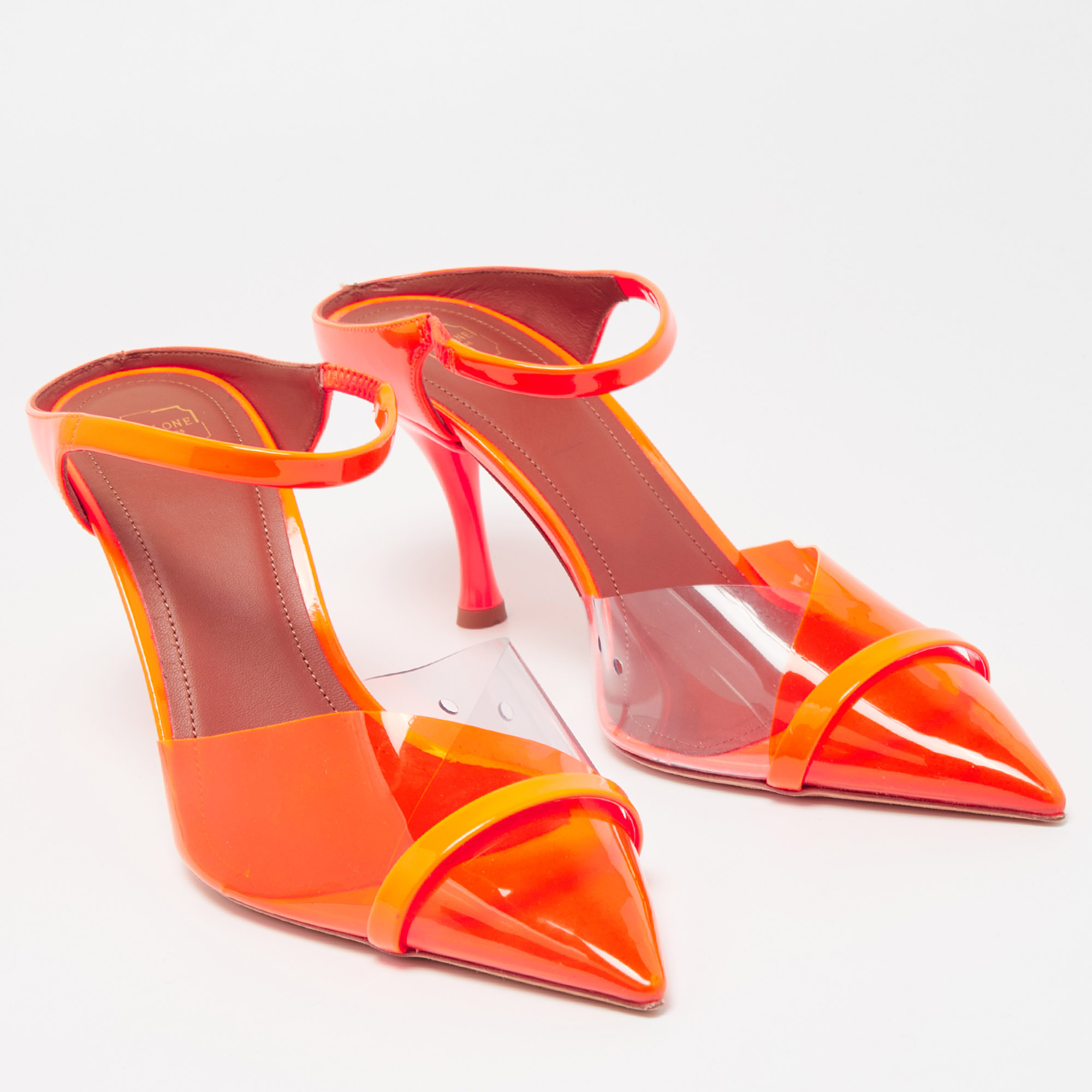 Malone Souliers Neon Orange PVC And Patent Leather Lona Mules Size 39.5