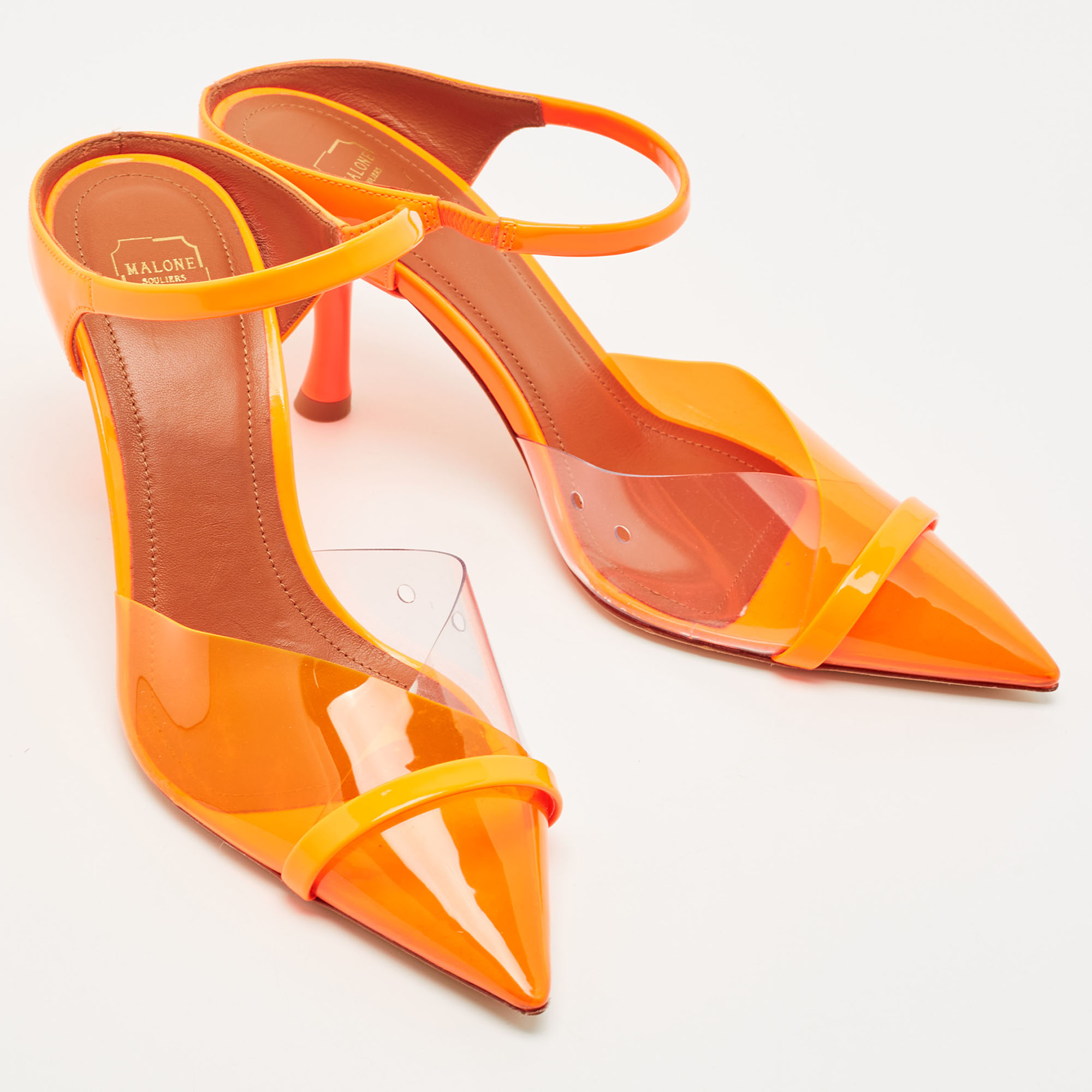 Malone Souliers Neon Orange PVC And Patent Leather Lona Mules Size 36
