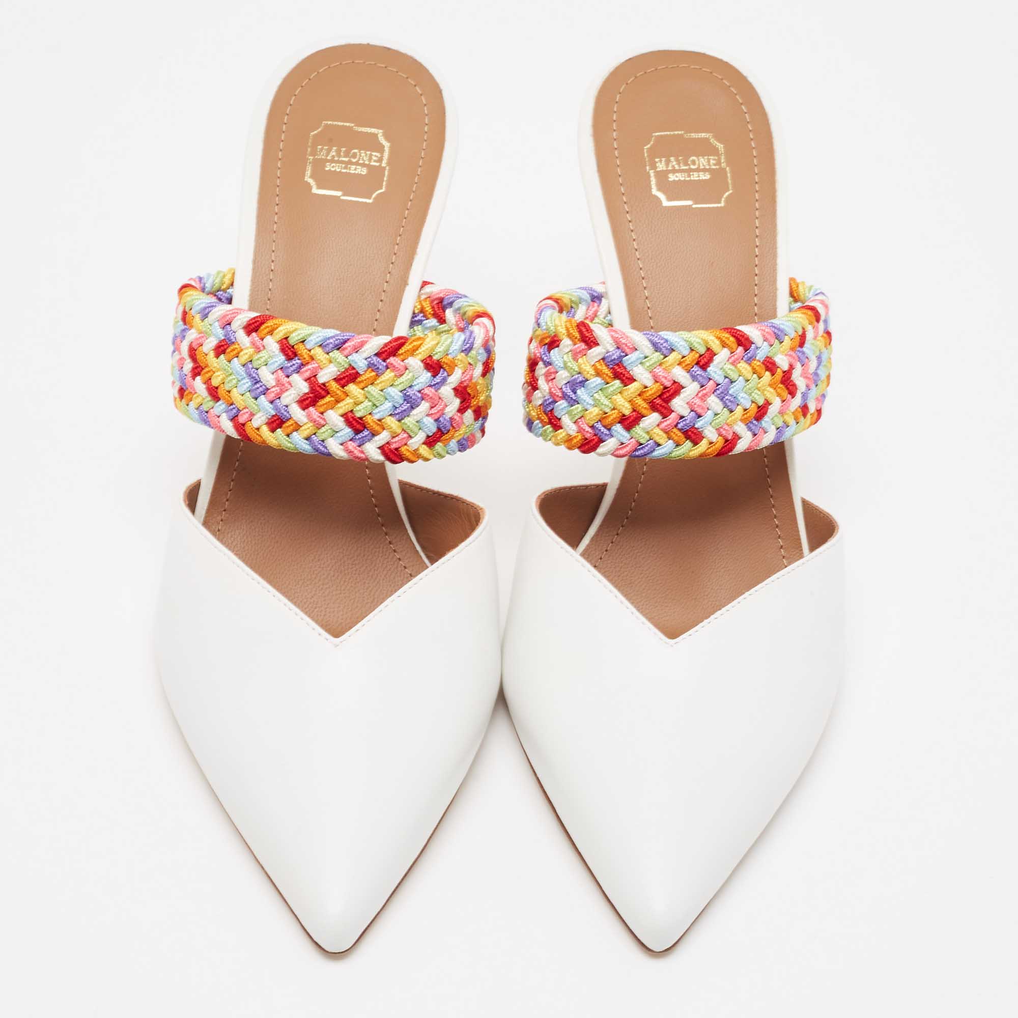 Malone Souliers White/Multicolor Leather And Woven Fabric Maisie Mules Size 39