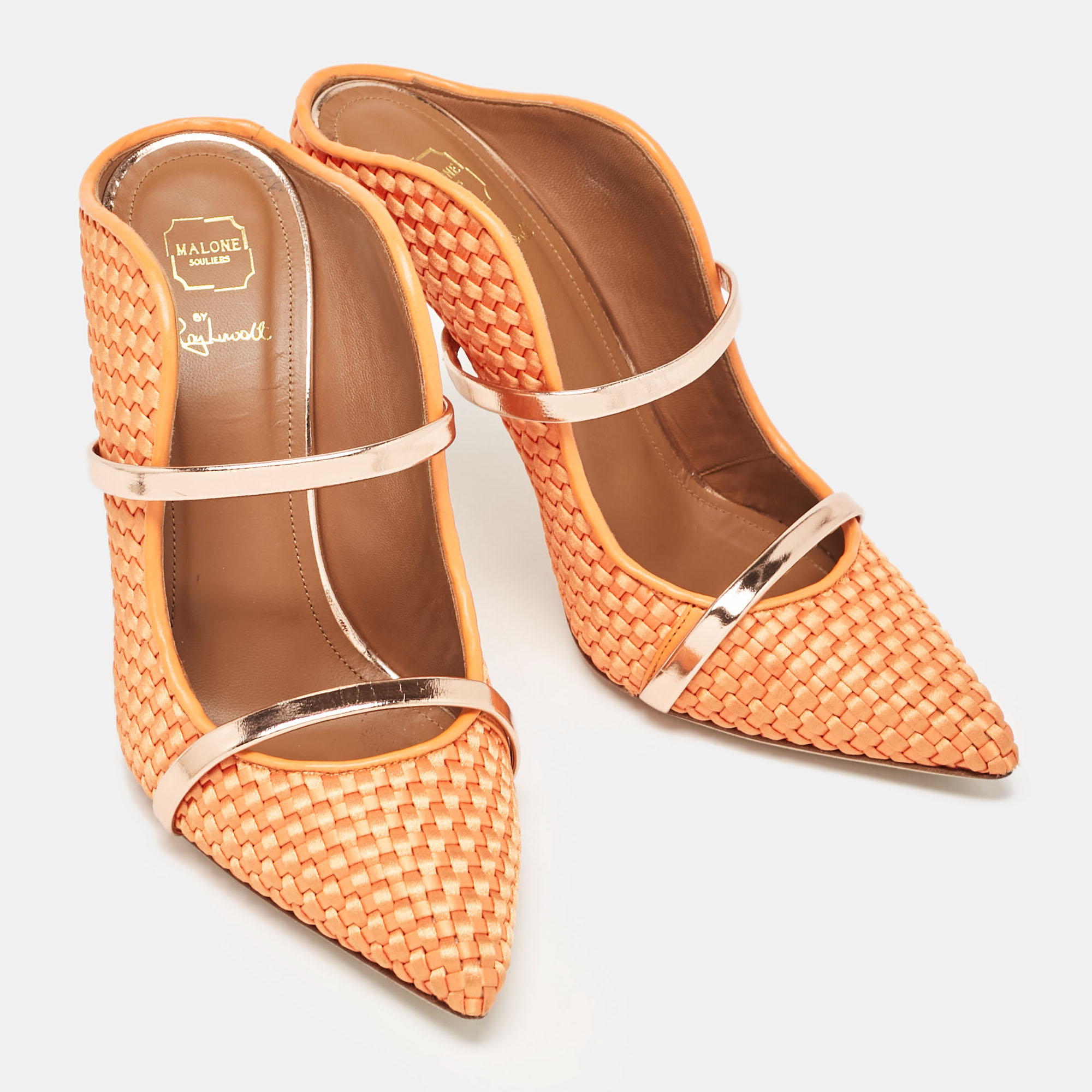 Malone Souliers Orange/Rose Gold Woven Satin And Leather Maureen Mules Size 39