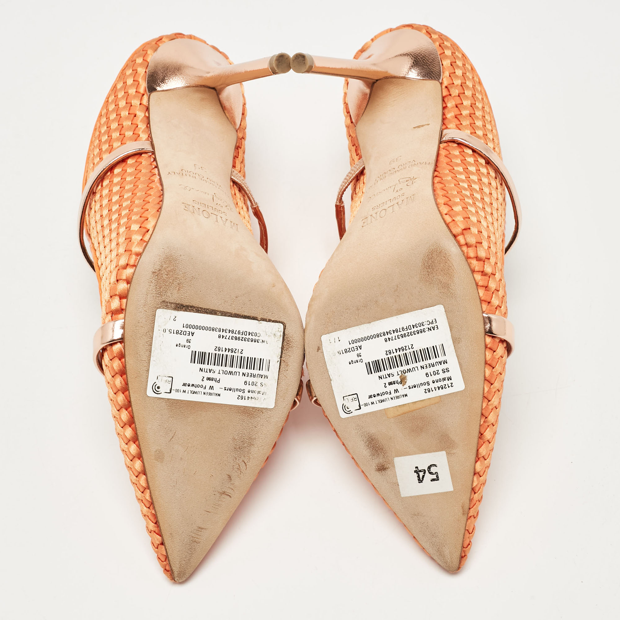 Malone Souliers Orange/Rose Gold Woven Satin And Leather Maureen Mules Size 39