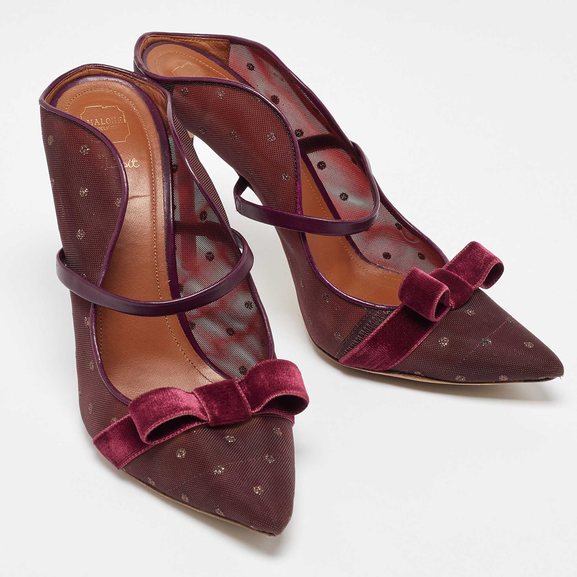 Malone Souliers Burgundy Mesh And Velvet Bow Margueritee Mules Size 40.5