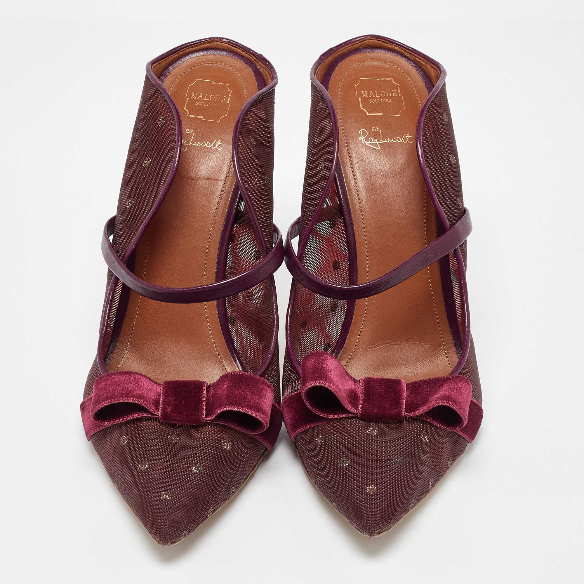 Malone Souliers Burgundy Mesh And Velvet Bow Margueritee Mules Size 40.5