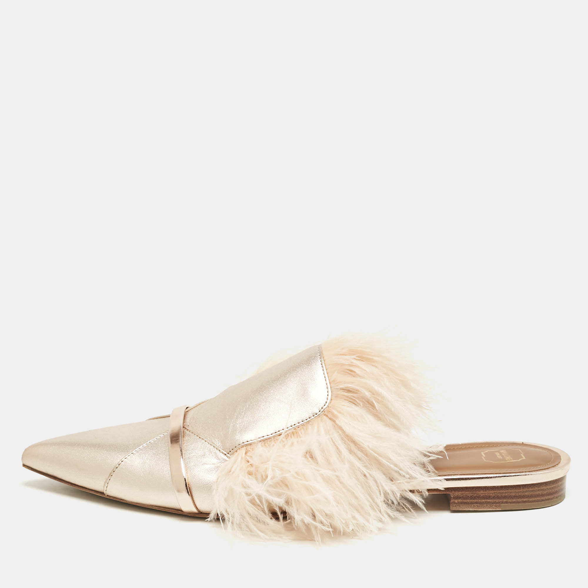 Malone Souliers Metallic Leather and Feather Pointed Toe Flat Mules Size
Malone Souliers Metallic Leather and Feather Pointed Toe Flat Mules Size