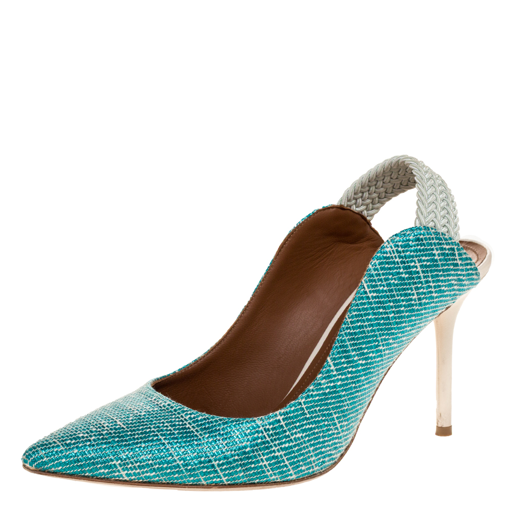 Image of Malone Souliers Blue/White Raffia And Woven Elastic Floradita Slingback Sandals Size