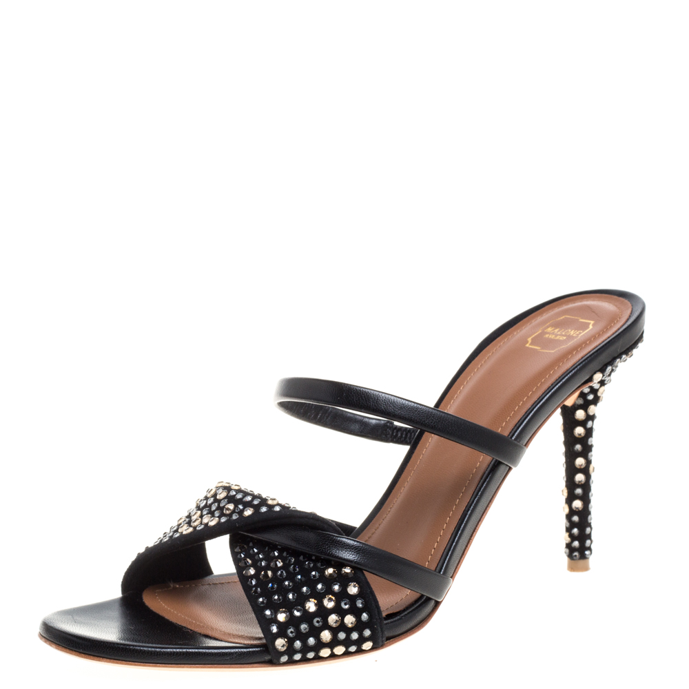 Image of Malone Souliers Black Leather and Suede Tasham Crystal Embellished Slide Sandals Size