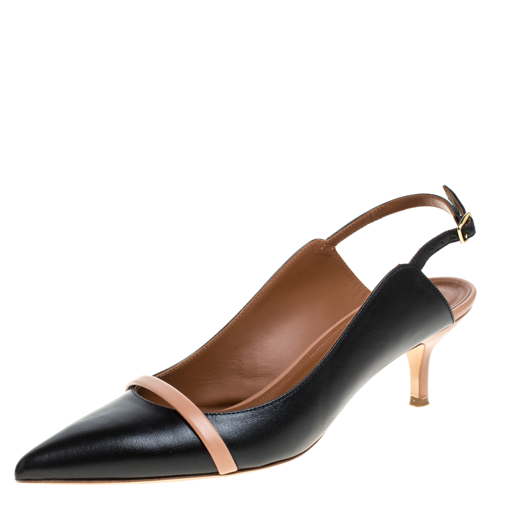 Image of Malone Souliers Black/Beige Leather Marion Pointed Toe Slingback Sandals Size