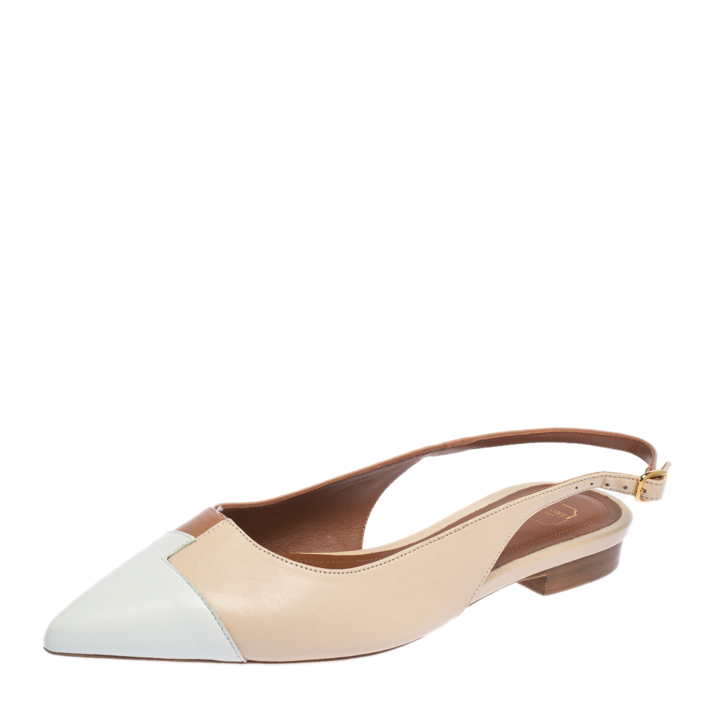 Malone Souliers Beige Color Block Leather Pointed Toe Slingback Flats Size 36.5