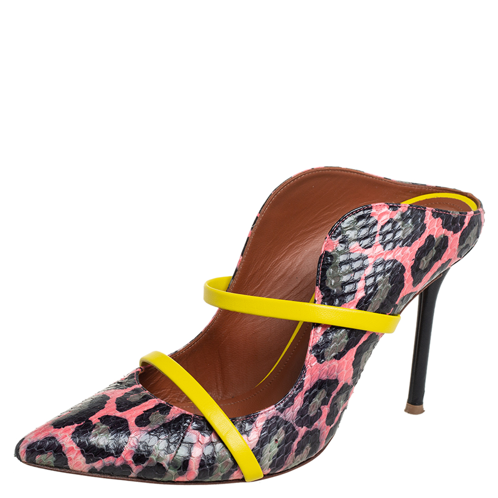 Malone Souliers Multicolor Leopard Print Python And Leather Maureen Pointed Toe Mules Size 37.5