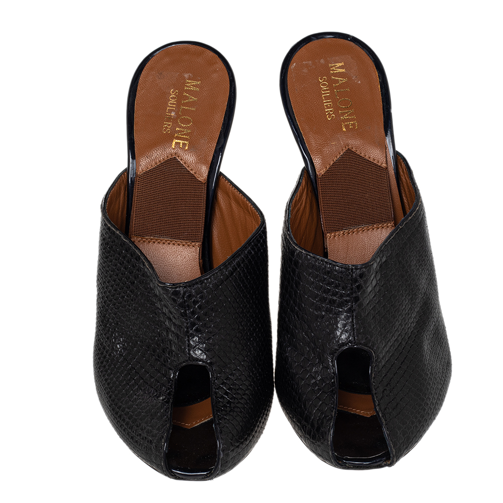 Malone Souliers Black Snakeskin Embossed Leather Peep Toe Mule Sandals Size 37.5