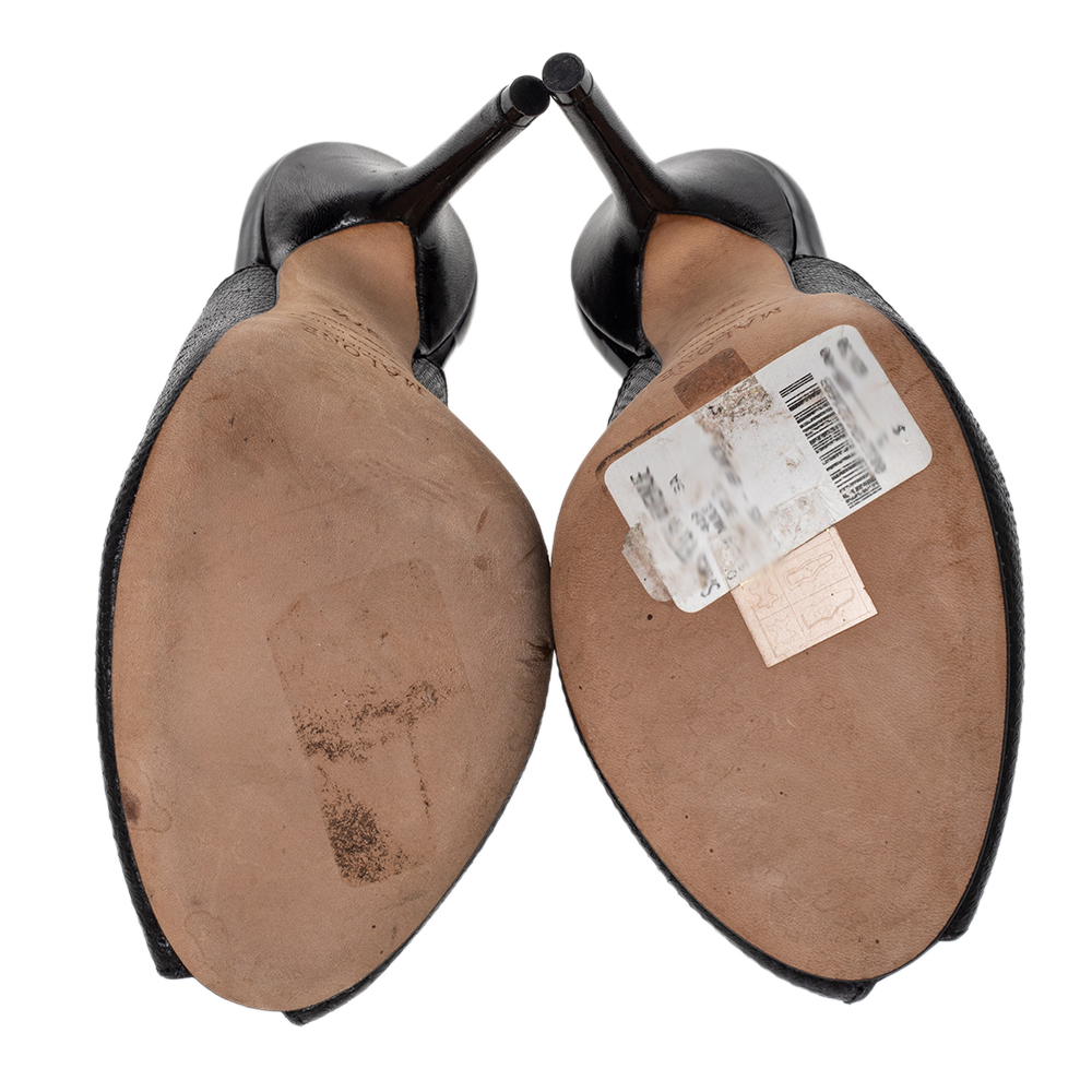Malone Souliers Black Snakeskin Embossed Leather Peep Toe Mule Sandals Size 37.5