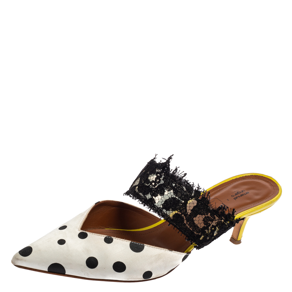 Malone souliers by emanuel ungaro white/black polka dot satin and lace maisie pointed toe mules size 38