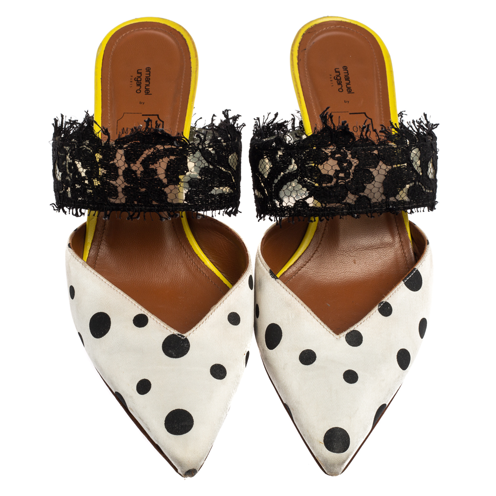 Malone Souliers By Emanuel Ungaro White/Black Polka Dot Satin And Lace Maisie Pointed Toe Mules Size 38