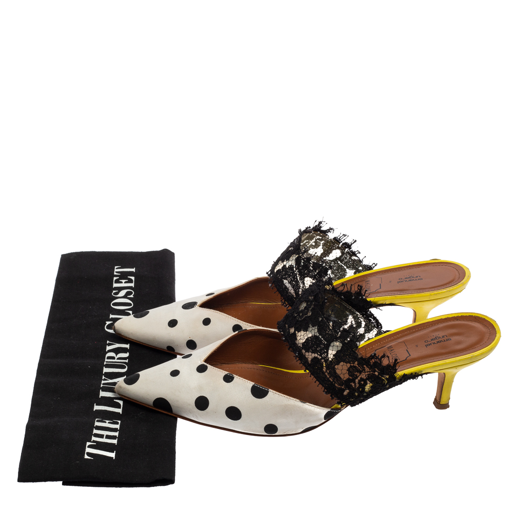 Malone Souliers By Emanuel Ungaro White/Black Polka Dot Satin And Lace Maisie Pointed Toe Mules Size 38