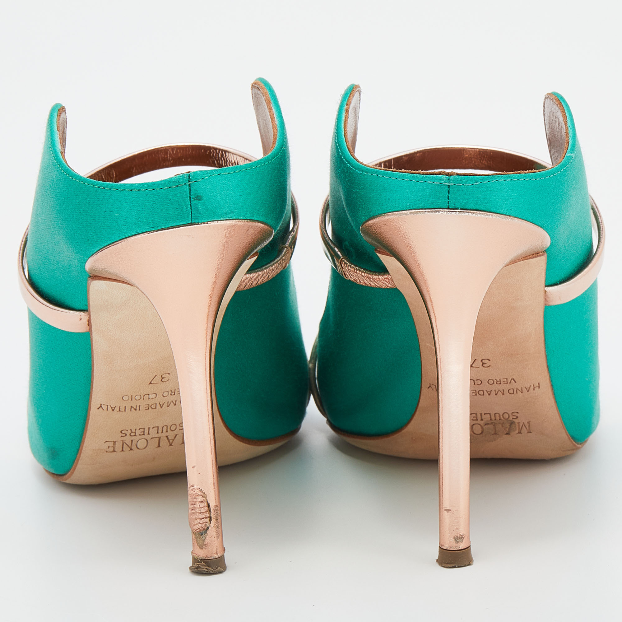Malone Souliers Green/Rose Gold Satin And Leather Maureen Pointed Toe Mules Size 37