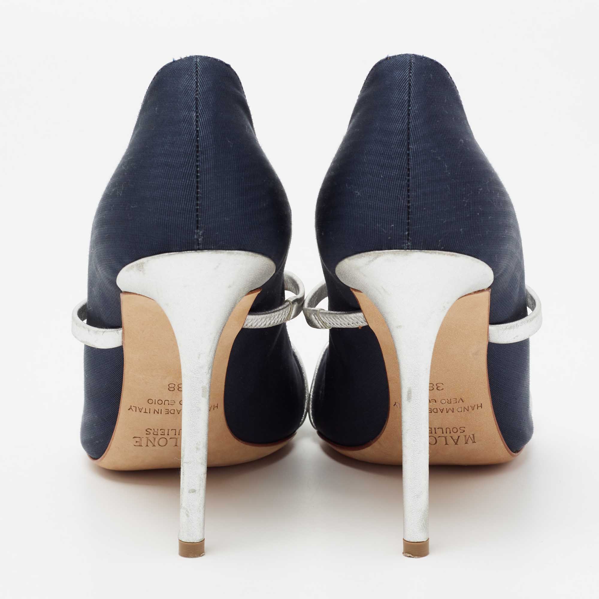 Malone Souliers Navy Blue/Silver Moire Canvas And Leather Maureen Pumps Size 38